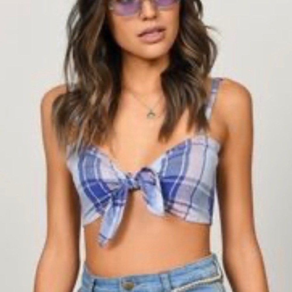 Tobi Blue Purple Plaid Smocked Tie Front Crop Top NWT Small Festival